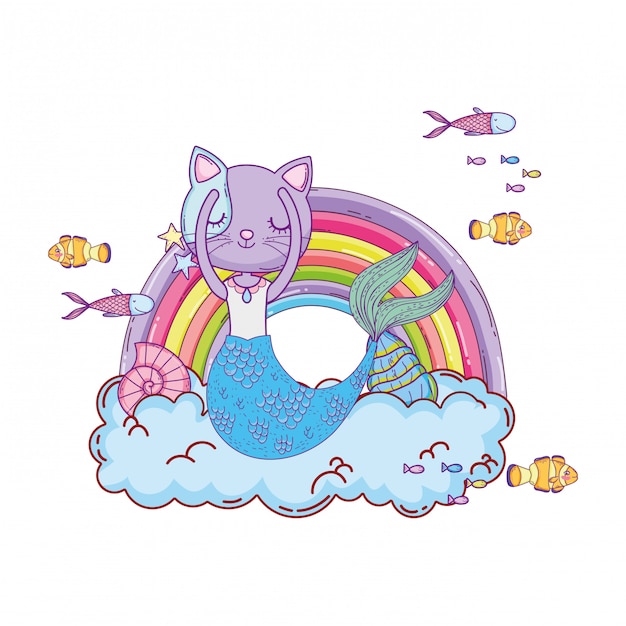 Purrmaid mit wolken und regenbogenunterwasser