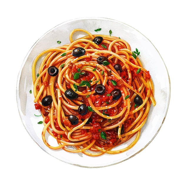 Puttanesca-Spagetti-Vektorillustration im Aquarell-Stil