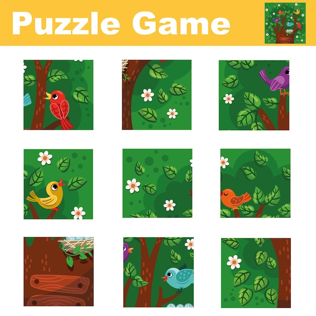 Puzzle für kinder mit vögeln und einem baum kombinieren sie die teile und vervollständigen sie das bild