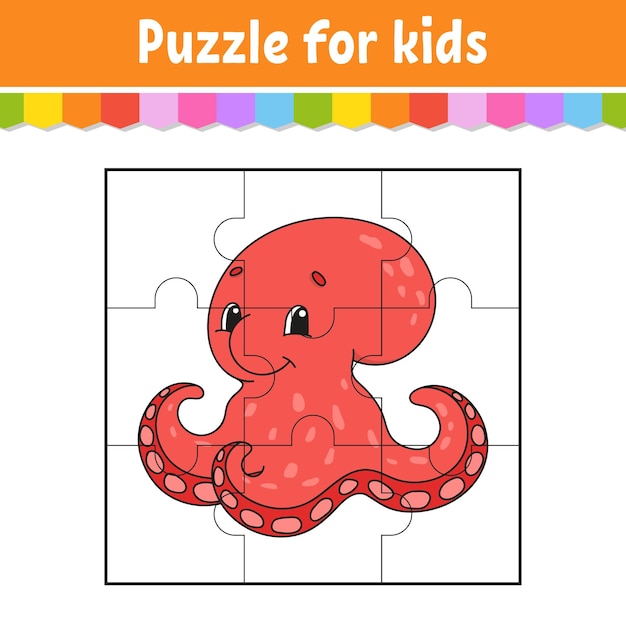 Vektor puzzlespiel für kinder puzzleteile farbarbeitsblatt aktivitätsseite im cartoon-stil