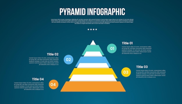 Pyramiden- oder Trichtervorlage Infografik mit großer Pyramide in der Mitte mit Kreis entgegengesetzter Position mit 4 Punkten dunkler Hintergrundstil für die Folienpräsentation