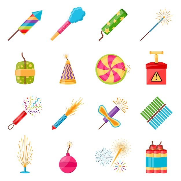 Pyrotechnik Festival Flat Icons Set