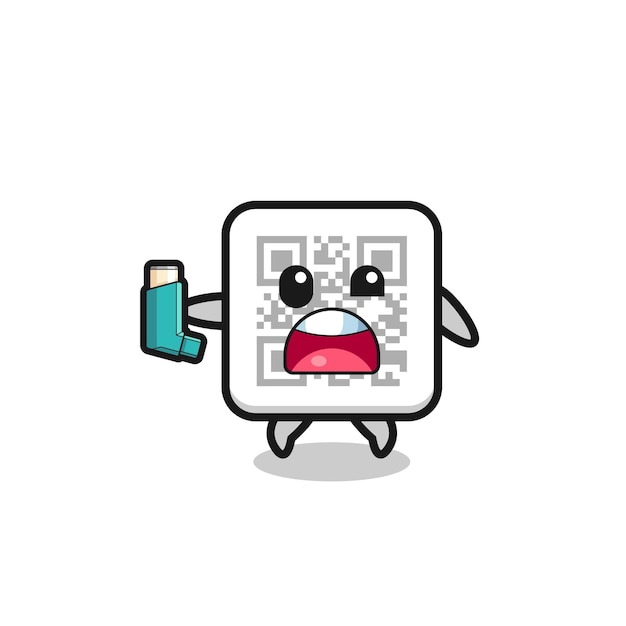 Qr-Code-Maskottchen, das Asthma hat, während es den Inhalator hält
