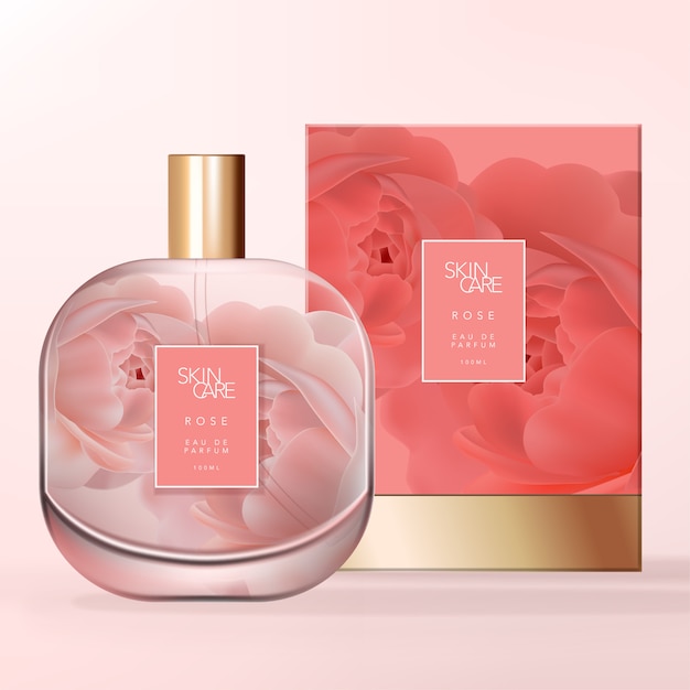 Quadratische Form Abgerundete Ecke Parfümflasche aus klarem Glas mit Rosenmuster auf der Rückseite. Starre Kartonschachtel mit Goldfolienbasis.