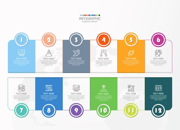 Quadratische Infografik mit 12 Schritten, Prozess oder Optionen, Prozessdiagramm.
