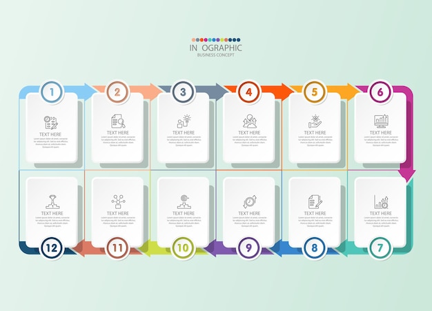 Quadratische infografik mit 12 schritten, prozess oder optionen.