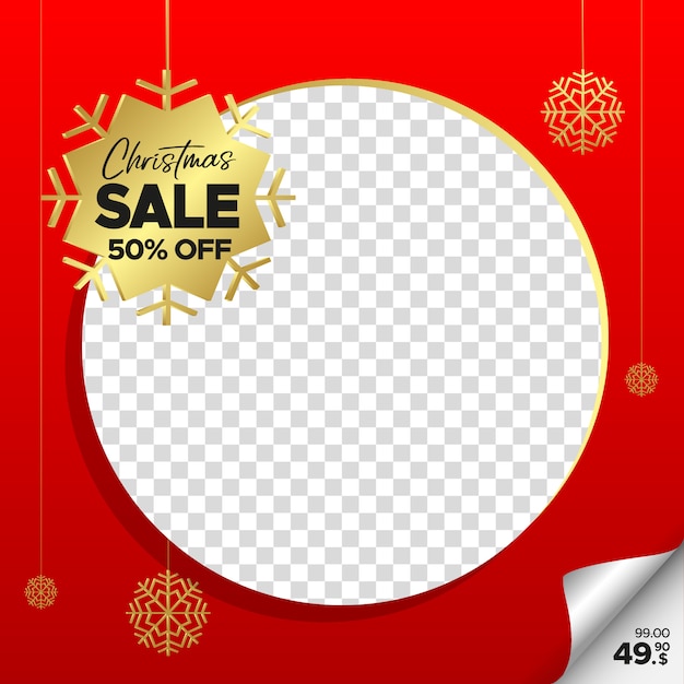 Quadratische rote weihnachtsverkaufsfahne für netz, instagram und social media mit leerem rahmen