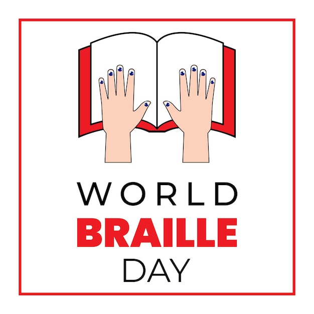 Quadratische vorlagenfeier des welt-braille-tages (4. januar) mit hand- und buchsymbol