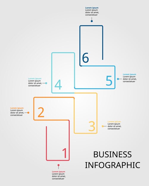 Quadratische zeitzeildiagrammvorlage für infografiken für die präsentation von 6 elementen