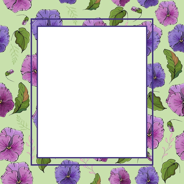 Quadratischer blumenrahmen mit violetten stiefmütterchen der blumen und grünen blättern.