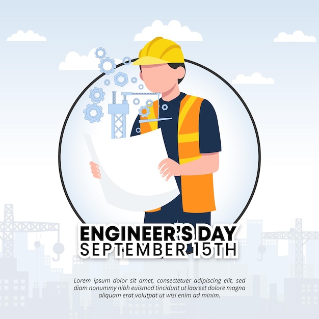 Quadratischer Hintergrund zum Ingenieurtag mit einem Ingenieur und einer Blaupause