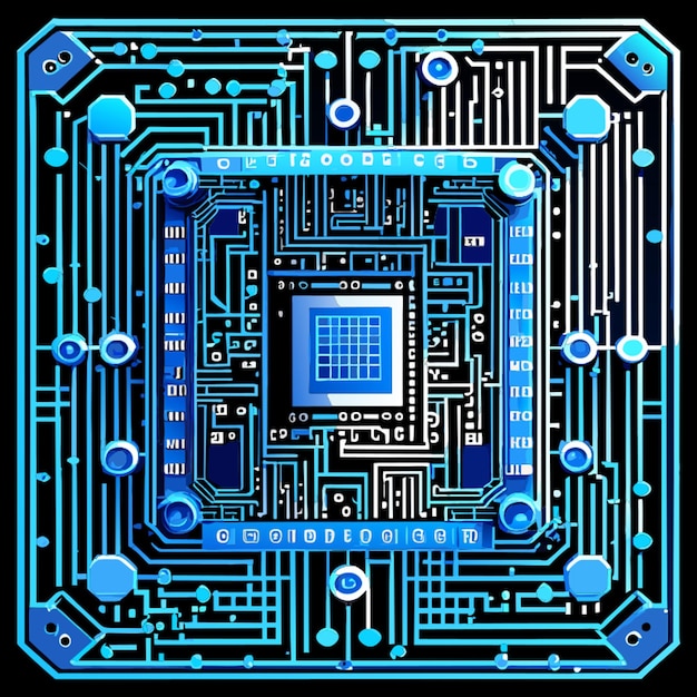 Quadratischer rahmen, blaue leiterplatte, cyber-schaltung, digitale schaltung, schaltung, qr-bar, vektorillustration