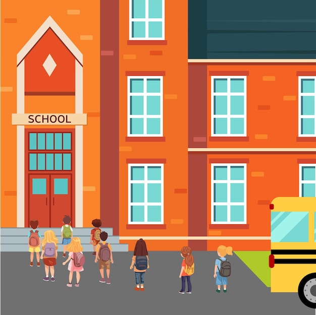 Quadratischer Schulhintergrund. Kinder gehen aus einem gelben Bus zur Schule. Rückansicht der Schulbuskinder