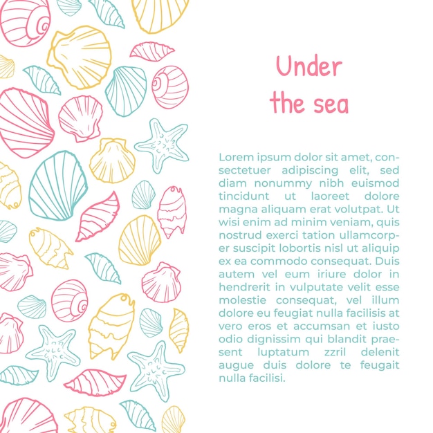 Quadratisches banner oder poster mit handgezeichneten muscheln auf der linken skizze, vektorillustration, banner oder broschüren-layout für fischrestaurant und meeresfrüchtemarkt