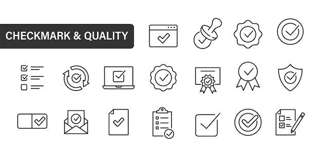 Qualitätskontrolle-symbolen-satz prüflinie und qualitätsprodukt linienstil vektor-illustration