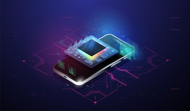 Quantencomputer-Datenbankkonzept Tech Futuristic Template Futuristischer Mikrochip-Prozessor Moderne CPU-Darstellung Digitaler Chip mit HUD-Elementen Zentrale Computerprozessoren