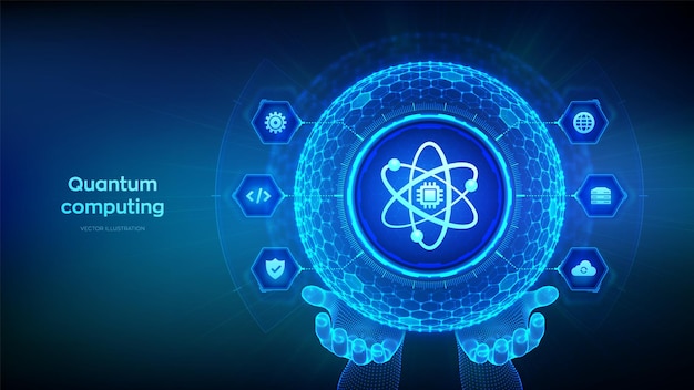 Quantum computing technology concept Quantum qubit intelligent computing Data analytics AI Artificial intelligence Deep learning Hexagonal grid sphere in wireframe hands Vector illustration