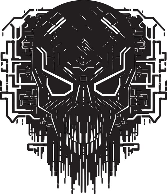 Vektor quantum quasar dark cyber skull emblem elektrische eleganz 80 stil cyberpunk logo