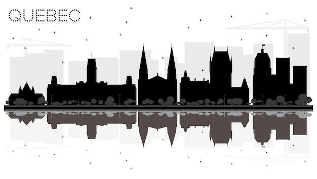 Vektor quebec kanada city skyline schwarz-weiß-silhouette mit reflexionen. vektor-illustration. geschäftsreisekonzept. quebec cityscape mit sehenswürdigkeiten.