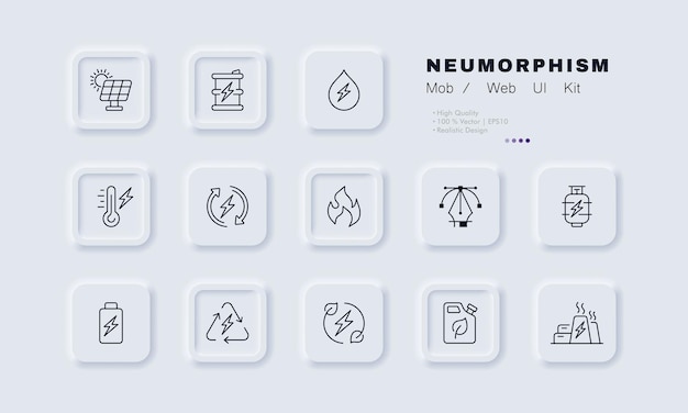 Quellen für elektrische energie set-symbol solarbatterie kraftstoff wasserkraftwerk blitztemperatur pfeile feuer batterya eco green technologiekonzept neomorphismus symbol für vektorlinie