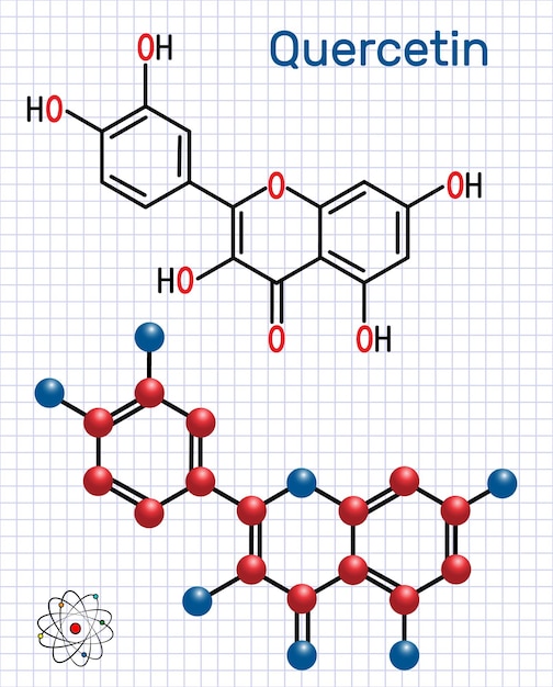 Quercetin-Flavonoid-Molekül Strukturchemische Formel und Molekülmodell Papierblatt in einem Käfig