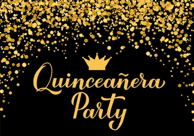 Quinceannera-party-banner 15. geburtstagsparty-typografie-poster schwarz-goldene konfetti-partydekorationen vektorvorlage