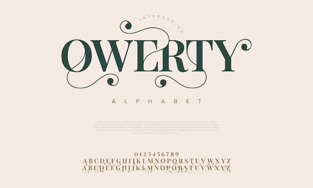 Qwerty Premium Luxus elegantes Alphabet Buchstaben und Zahlen Elegante Hochzeits-Typografie klassische Serif