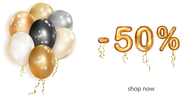 Rabatt auf kreative Illustration mit weißen, schwarz-goldenen Helium-Flugballons und goldenen Foliennummern 50 Prozent Rabatt Verkaufsplakat mit Sonderangebot auf weißem Hintergrund