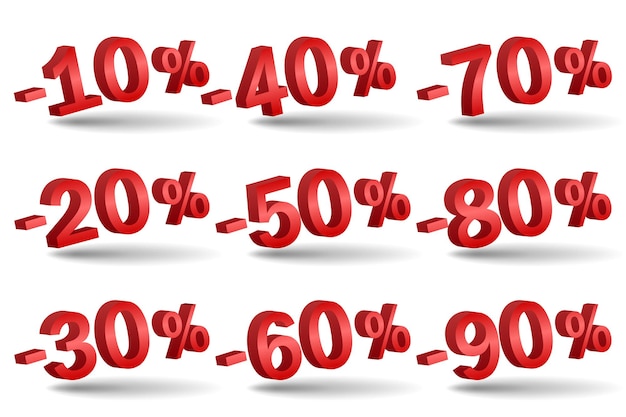 Rabatt-Zahlen 3D-Vektor. Roter Verkauf Prozentsatz Icon-Set im 3D-Stil isoliert auf weißem Hintergrund. Abbildung 10 % Rabatt, 15 % und 20 % Rabatt