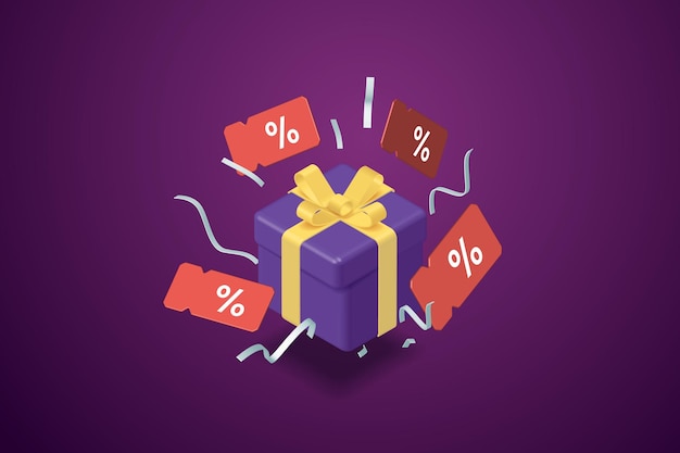 Rabattcoupons, die um Geschenkboxen auf violettem Hintergrund schweben