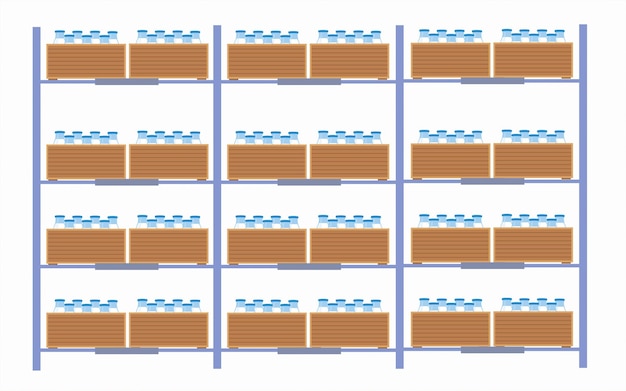 Rack voller milchbehälterboxen. milchflaschen in kartons verpackt. milchlagerzentrum. milch molkerei.