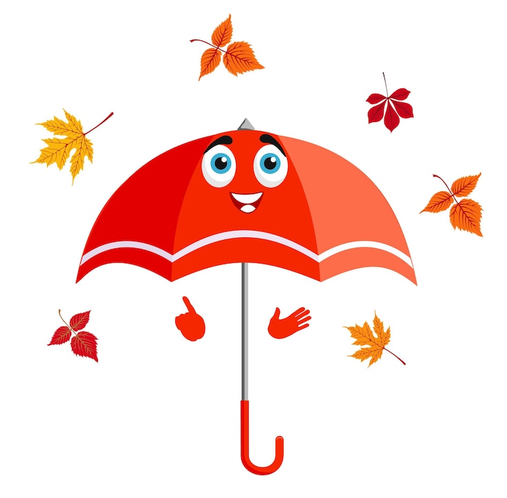 Vektor rad-cartoon-schirmfigur mit gesicht und süßem glücklichen lächeln cartoon-schirm-maskottchen regenwetter
