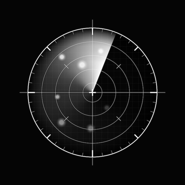 Radar auf dunklem Hintergrund. Militärisches Suchsystem. HUD-Radaranzeige, Abbildung