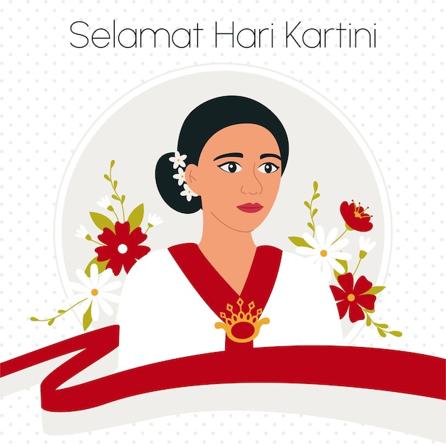 Raden adjeng kartini, der held der frauen und menschenrechte in indonesien selamat hari kartini bedeutet happy kartini day asiatische frau, umgeben von blumen und rot-weißer flagge flat vector illustration
