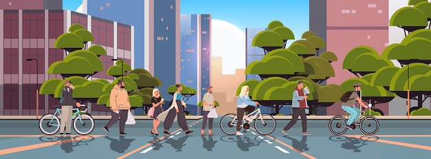 Radfahrer und fußgänger zu fuß straße menschen kreuzung straße moderne stadt straße stadtbild hintergrund in voller länge vektorillustration