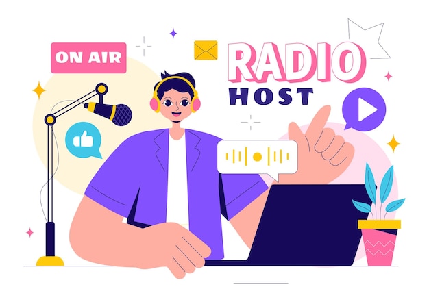 Radiomoderator mit Leuten, die Kopfhörer tragen, während sie sprechen und eine Audio-Podcast-Show oder Medienübertragung im Hintergrund aufnehmen