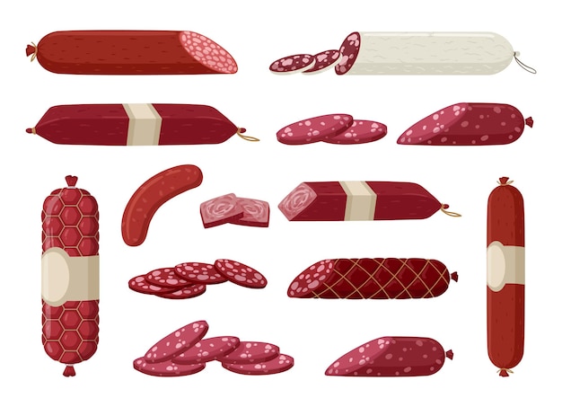 Räucherte Würstchen Rohräucherte Wurst Delicacies Fleisch Halbfertigprodukte Metzgerwaren Würstchen flache Vektorillustrationssatz Fleisch Delikatessen