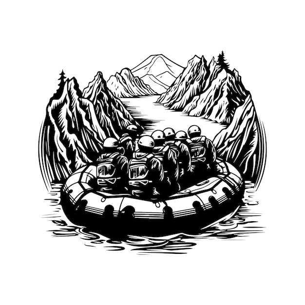 Rafting-Vintage-Logo-Line-Art-Konzept schwarz-weiß handgezeichnete Illustration