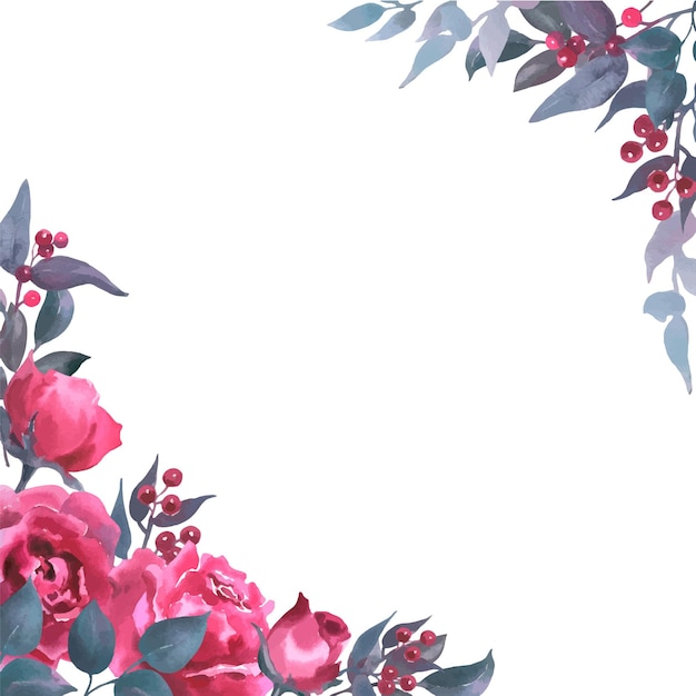 Vektor rahmen mit aquarellvektor viva mangenta rosen knospen blätter eukalyptus und rote beeren hand gezeichnet rosa fläschchen clipart element isoliert