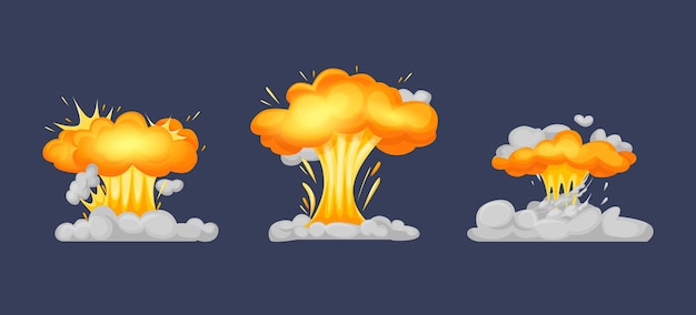 Rahmenanimation mit effekt einer brennenden explosion, aufgeteilt in einzelne szenenrahmen. effekt von brennendem rauch und nuklearer explosion chemischer pilze mit elementen des teilflammenvektors