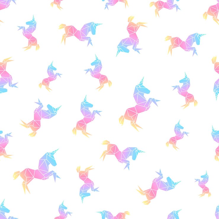 Vektor rainbow unicorn origami polygonaler stil nahtloses muster
