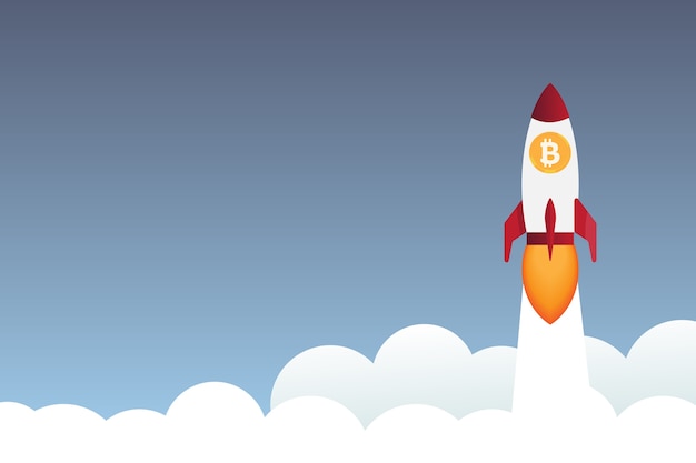 Rakete fliegt über Wolken mit Bitcoin-Symbol