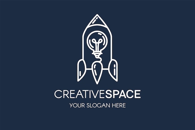Rakete und glühbirne lineare vektor-logo-vorlage. startup-logo mit kreativer raumtypografie