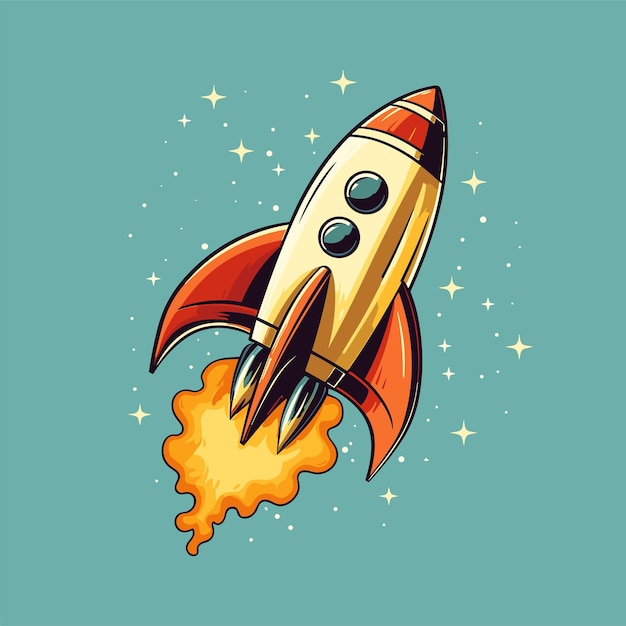 Raketen-Mittagessen im Raumraketen-Hintergrund im flachen Stil Start-up-Konzept