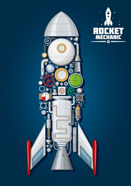 Raketenmechanik. raumschiff mit detaillierten motorteilen und karosseriestruktur wie bugkegel, lamellen und zugangsklappe, düse