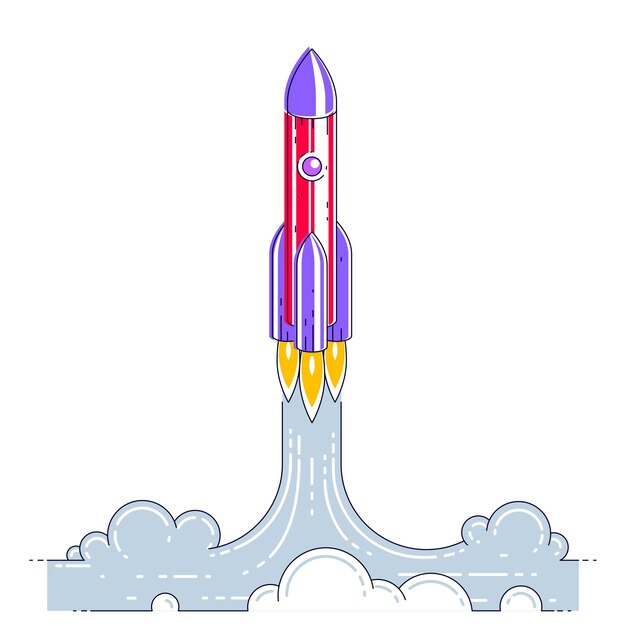 Vektor raketenstart in den unentdeckten weltraum. entdecken sie das universum, atemberaubende weltraumwissenschaft. dünne linie 3d-vektorillustration isoliert auf weiß.