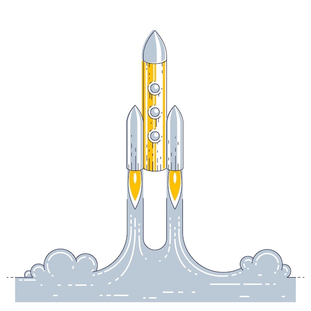 Raketenstart in den unentdeckten weltraum. entdecken sie das universum, atemberaubende weltraumwissenschaft. dünne linie 3d-vektorillustration isoliert auf weiß.