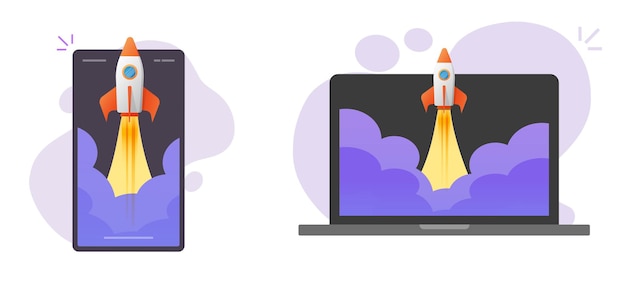 Vektor raketenstart power start auf handy und computersymbol digitale neue projektstart-app