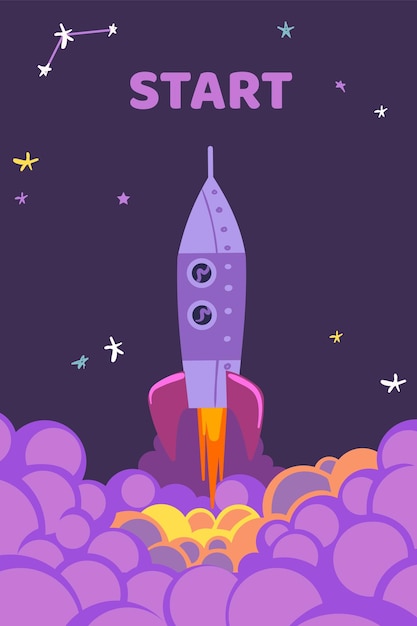 Raketenstart starten des shuttles im himmel lila farben sterne nachthintergrund symbol für unternehmensgründung kreative idee und innovation neue originalprodukt-app einfaches modernes cartoon-design-vektorkonzept
