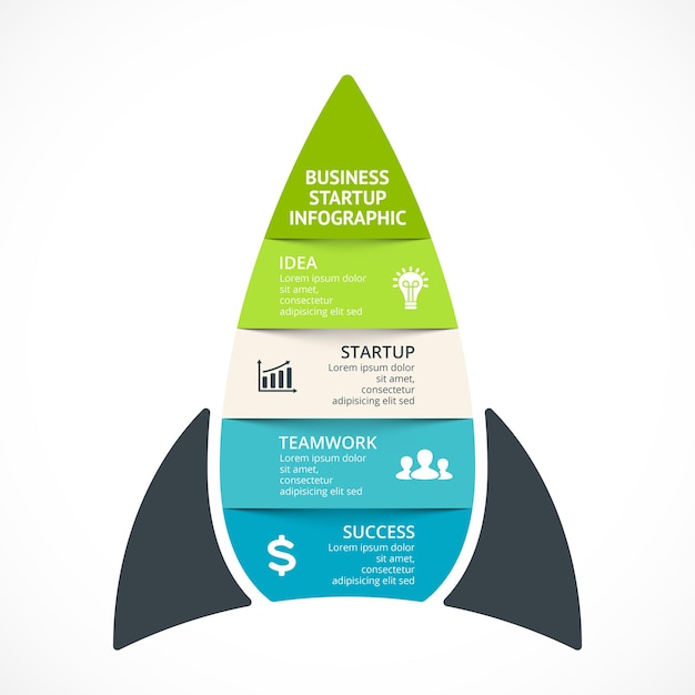 Raketenstart startup-infografik-vorlage geschäftsideendiagramm 4 schritte